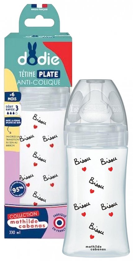 Dodie Collection Mathilde Cabanas 330 ml Anti-Colic Vlakke Speen Voedingsfles Vanaf 6 Maanden