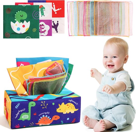 Doekjesbox Baby - Sensorisch Speelgoed - Vroege Ontwikkeling - Hoge Contrast Dinosaurus - 18 x 10 x 8 cm - Multicolor
