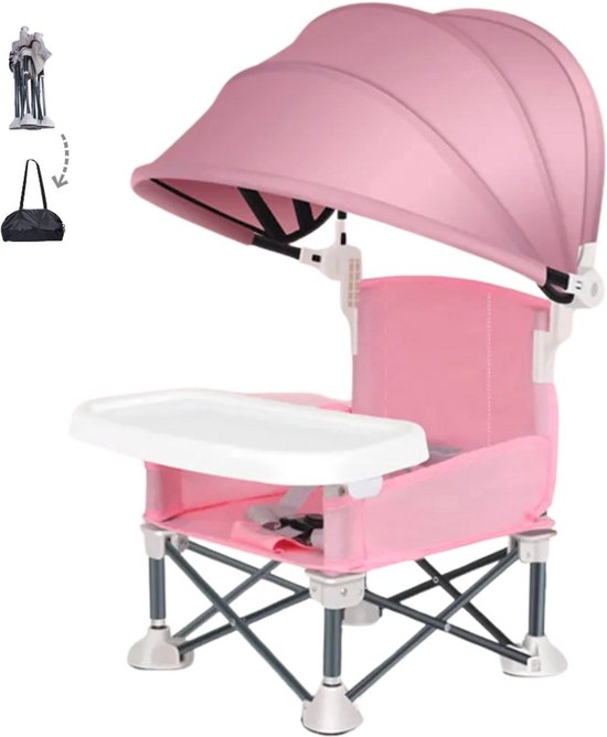 Dolvon Kinderstoel Inklapbaar - Stoelverhoger - Zitverhoger - Kinderstoel - Kinder Eetstoel - Eetstoel Baby - Incl. Draagtas, Zonwering & Bevestingingsriemen- Roze