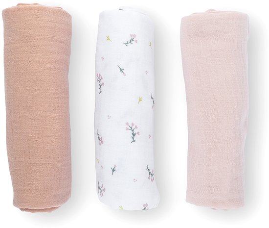 doomoo - Lovely - Set van 3 babydoeken - Flower Pink – Biologisch katoengaas – Superzacht, absorberend & multifunctioneel – 70x70 cm van Doomoo