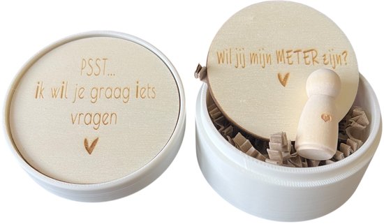 Doosje baby | peg doll | wil jij mijn meter zijn | meter vragen | meter worden | peettante vragen | peettante worden | cadeau | doosje met een vraag