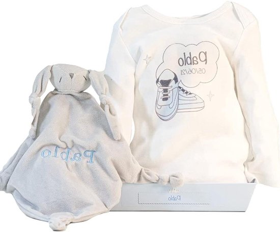 Doudou Big Bunny - Knuffel Pop - Babyshower Cadeau - Geborduurde Naam - Pasgeborenen - Blauw van Merkloos