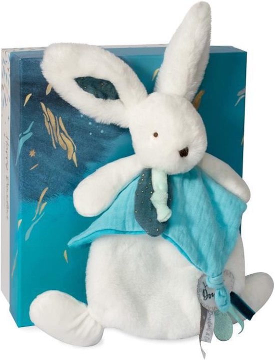 Doudou et Compagnie - Doudou Konijn -25 cm - Wit / Pauw Blauw - Pauw Pompon Konijn - Cadeau Idee - Happy Pop - Happy Doudou To You van Merkloos