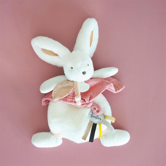 Doudou et Compagnie - Doudou Konijn - 25 cm - Wit / Terracotta Pompom Konijn - Cadeau Idee - Happy Boho - Happy Doudou To You