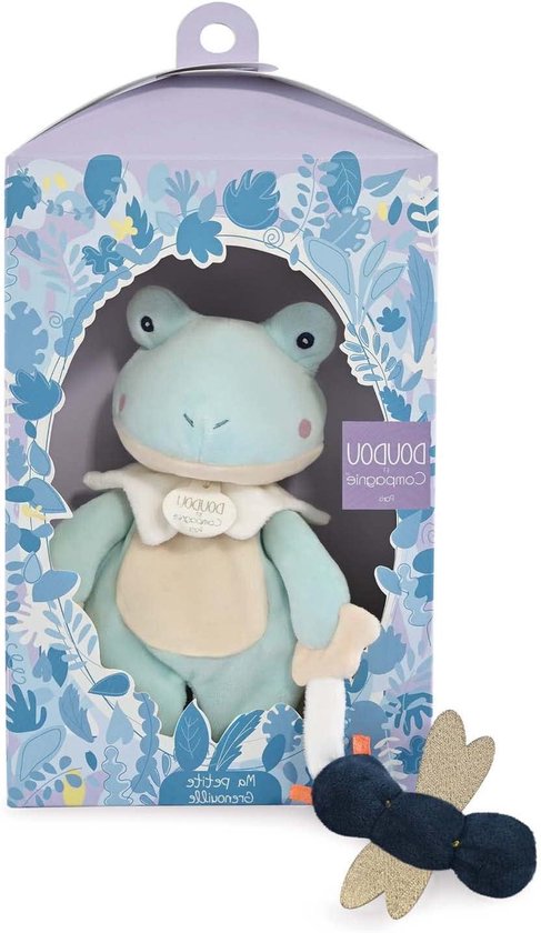 Doudou et Compagnie - La Colline aux Birds - Ma Petite Kikker - Knuffel Kikker - Amandel - 27cm - Cadeau voor geboorte - Mooie nestkast - DC4052
