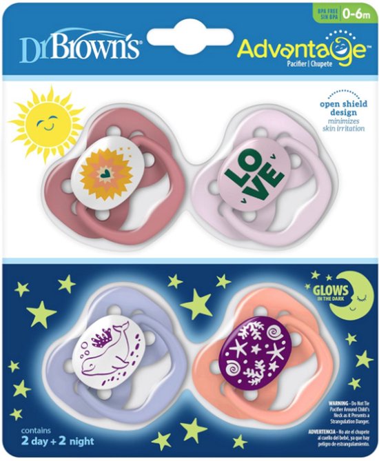 Dr. Brown's Advantage Glow-in-the-Dark Fopspenen 0-6 Maanden - 4 Stuks - 100% Siliconen Speen - BPA-vrij - Lavender Love & Coral Ocean van Dr. Brown's