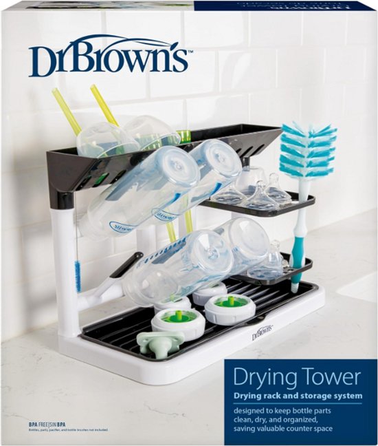 Dr. Brown's Baby Bottle Drying Tower - Verticale Flessendroogrek voor Babyflessen & Accessoires - Ruimtebesparend Aanrecht Droogrek - Zwart/Wit van Dr. Brown's