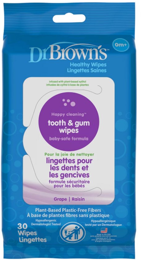 Dr. Brown's Baby Tanddoekjes – Fluoridevrije Mondverzorging – Voor Baby's – Druivensmaak – 30 Stuks