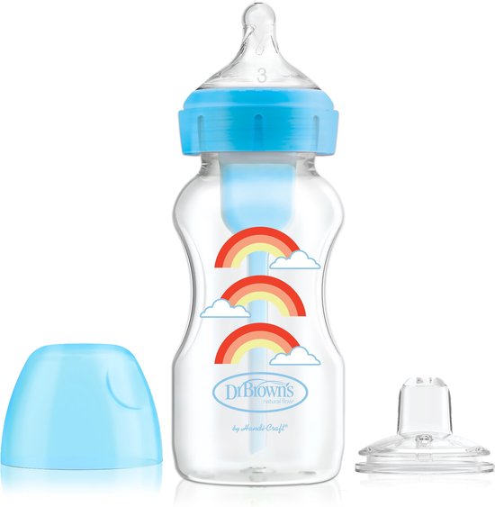 Dr. Brown’s Bottle to Sippy Starter Kit Babyfles - Brede halsfles - 270 ml - Blauw van Dr. Brown's