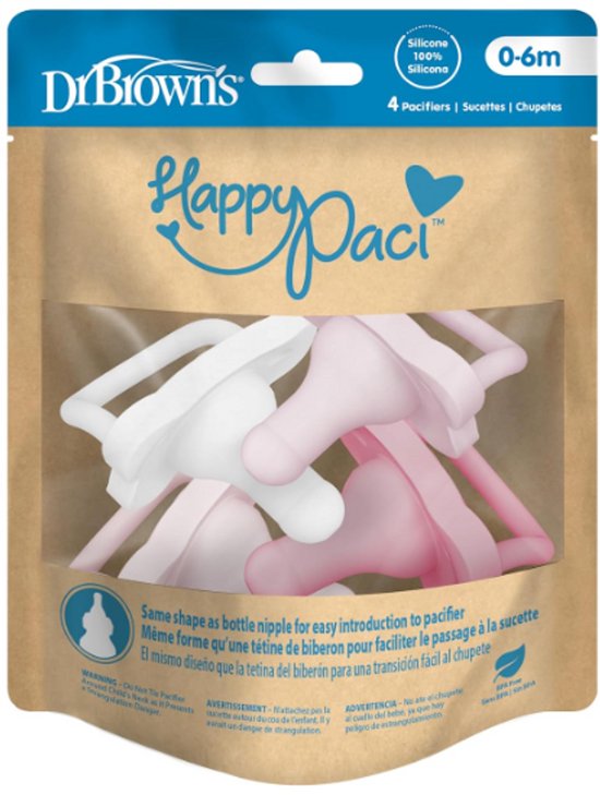 Dr. Brown's HappyPaci Fopspeen 0-6 Maanden (4 Stuks) – Ergonomisch Eendelig Ontwerp – 100% Siliconen – BPA-vrij – Roze/Wit