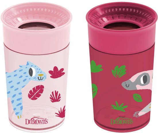 Dr. Brown’s Milestones Cheers 360° Spoutless Drinkbeker 300 ml – Lekvrije Oefenbeker Zonder Tuit voor Baby & Peuter – Reisvriendelijk met Deksel – Pink Leopard & Red Lemur – 2 Stuks