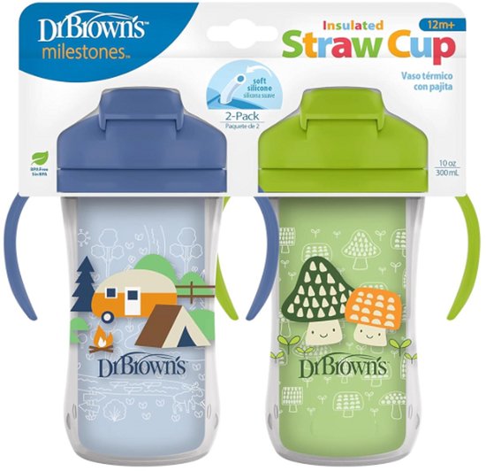 Dr. Brown's Milestones Geïsoleerde Rietjesbeker 300 ml (Blauwe/Groen) – Lekvrije Drinkbeker met Handgrepen, Schuifdeksel & Zacht Siliconen Rietje – BPA-vrij – Vanaf 12 Maanden