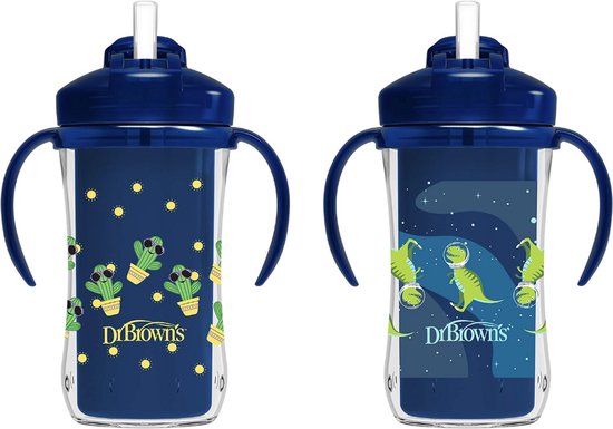 Dr. Brown's Milestones Geïsoleerde Rietjesbeker 300 ml (Blauwe/Groen) - Lekvrije Drinkbeker met Handgrepen, Schuifdeksel & Zacht Siliconen Rietje - BPA-vrij