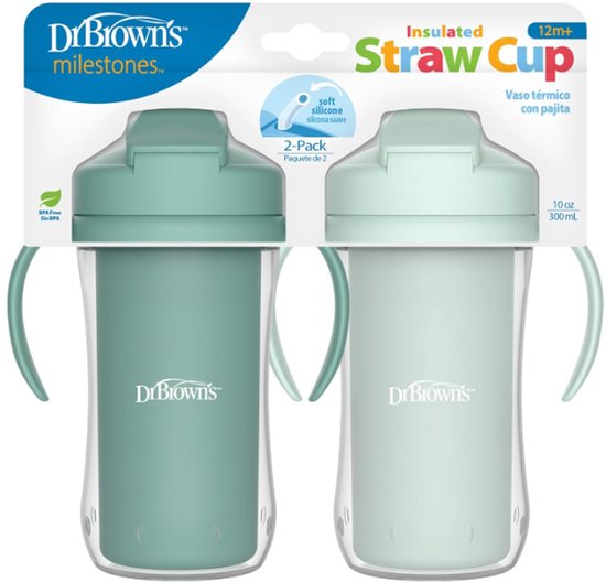 Dr. Brown's Milestones Geïsoleerde Rietjesbeker 300 ml (Groen) – Lekvrije Drinkbeker met Handgrepen, Schuifdeksel & Zacht Siliconen Rietje – BPA-vrij – Vanaf 12 Maanden