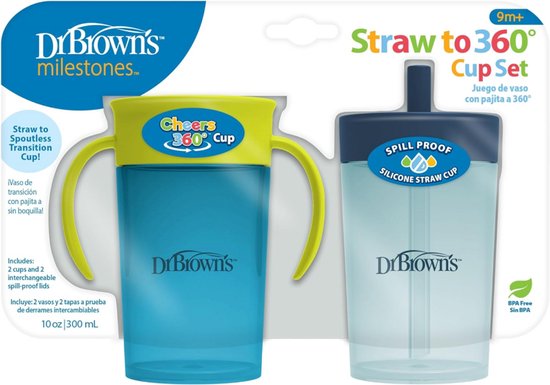 Dr. Brown's Milestones Rietjesbeker & 360° Oefenbeker Set 2 Stuks 300ml (Blauw/Groen) – BPA-vrij – Verwisselbare Deksel met Siliconen Rietje – Vanaf 9 Maanden