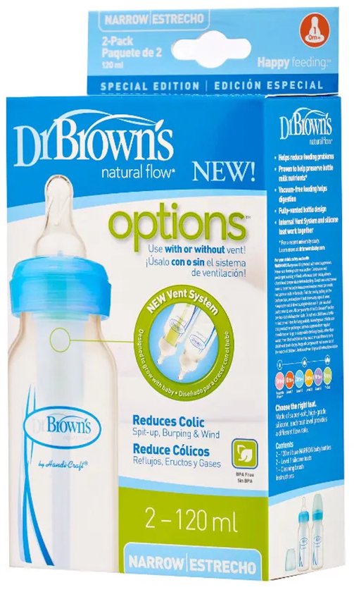 Dr. Brown’s Standaardfles – 120 ml – Blauw – Duopack Options Bottle van Merkloos