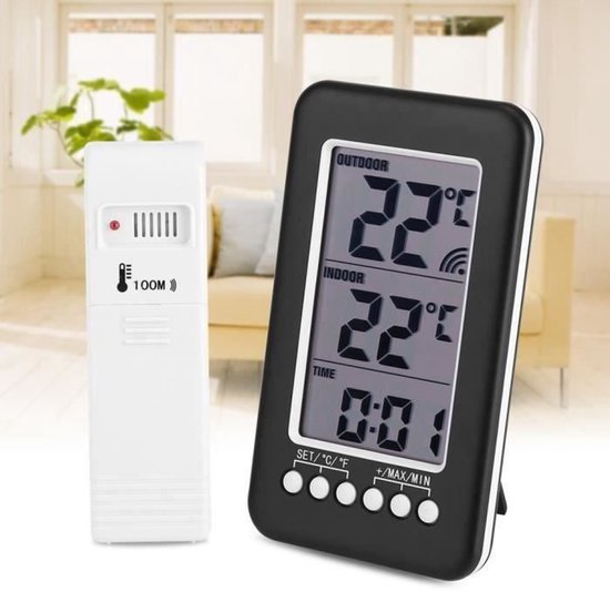 Draadloze binnen-/buitenthermometer - Afstandsbediening - Klok - Zwart - ABS-materiaal van Merkloos
