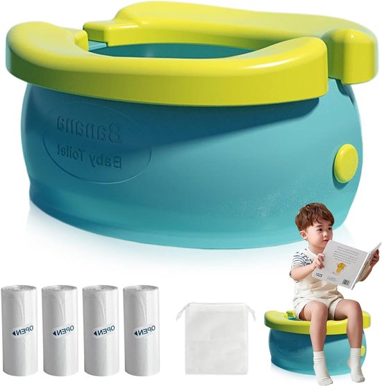 Draagbaar Kinderpotje - Reispotje Baby - Zindelijkheidstraining Ondersteunen - Opvouwbaar Bananendesign - 100 Zakken Inbegrepen - Blauw