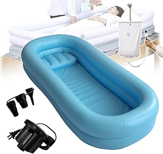 Draagbaar opblaasbaar PVC-bad voor volwassenen, inclusief elektrische luchtpomp en waterzak – voor het volledig wassen van het lichaam in bed; geschikt voor mindervaliden, ouderen en bedlegerige patiënten.