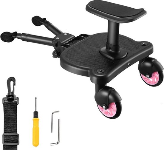 Draagbaar universeel meerijdplankje kinderwagen, Pram Board Standing, roze universeel buggyboard met zitting, met ophangriem, stabiel Two Wheel-design, 360 draaibaar, kinderwagenaccessoire voor kinderen van 2 tot 6 jaar (25 kg) van Moovkeen