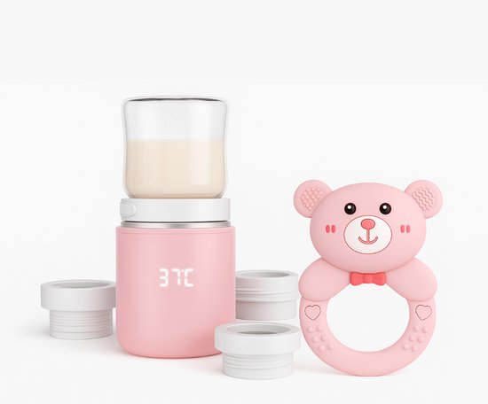 Draagbare Baby Flessenwarmer Onderweg – Intelligente Flesverwarmer met LCD – 4 Temperatuurniveaus – Incl. 3 Adapters & Bijtring – Draadloos – USB-C Oplaadbaar – 8800 mAh – BPA-vrij – Roze van Merkloos