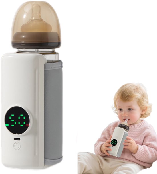 Draagbare Baby Flessenwarmer voor Onderweg - Intelligente Flesverwarmer - 6 Temperatuurniveaus - Draadloos - USB Oplaadbaar - Beige