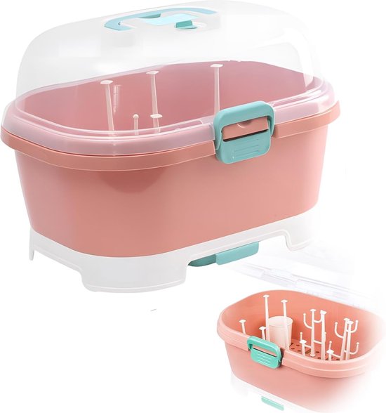 Draagbare babyflessenhouder met stofhoes, opvangbak, 37,5 x 29,5 x 26 cm, droogstandaard, babyflessen, opbergdoos voor babyschaal, babyflessen, melkpoeder (roze) van Cecotec