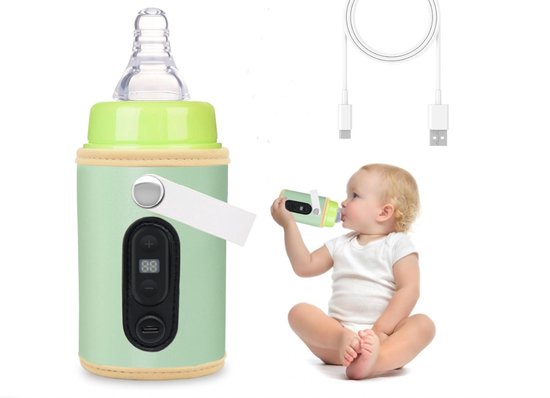 Draagbare babyflessenwarmer voor onderweg – USB-opladen – 6 instelbare temperaturen 38 tot 55°C – met temperatuurscherm – Groen