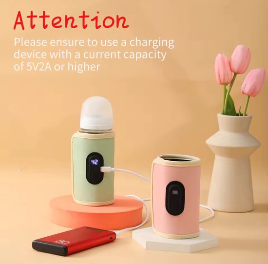 Draagbare Babyflesverwarmer USB – Flessenwarmer voor Onderweg – 21 Temperatuurstanden – LED Display – Instelbare Temperatuur – Geschikt voor Babyflessen 5-8 cm – Roze van Merkloos