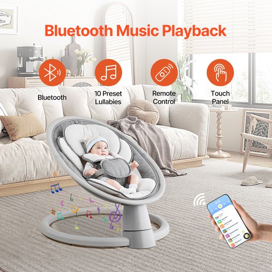 Draagbare babyschommel met 5 instelbare snelheden, afstandsbediening, touchscreen, Bluetooth-muziek, 10 slaapliedjes en 5-punts veiligheidsharnas voor baby's van 0-9 maanden tot 9 kg