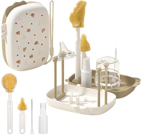 Draagbare flessenborstelset - flessenborstel - Flessenrek - Flessen Droogrek - Flessenreinigingsborstel - Siliconen flessenborstel - Geïntegreerde flessendruiper - Bruin van Merkloos