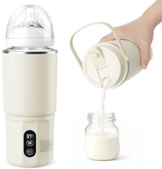 Draagbare Flessenwarmer 2-in-1 - 400ml Baby Waterwarmer - 10.400mAh Accu - 37-70°C Temperatuurregeling - 24u Warmhoudfunctie - USB-C Oplaadbaar - Beige