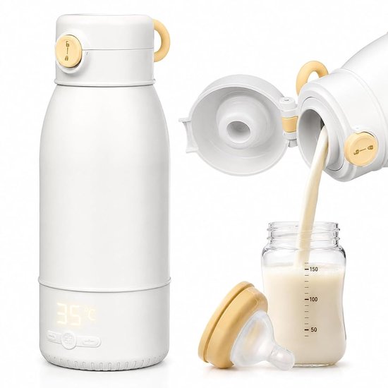 Draagbare Flessenwarmer 500ml – Baby Waterwarmer met 10.000mAh Accu, USB-C, 35-55°C Temperatuurregeling, 24u Warmhoudfunctie, Kinderslotn - Wit