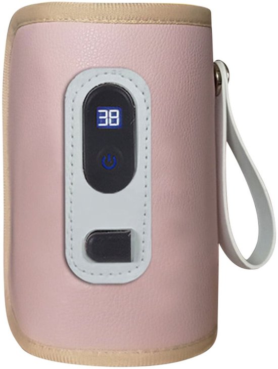 Draagbare flessenwarmer met USB-voeding en temperatuurregeling met 5 standen, compacte reiswarmerhoes, geschikt voor het opwarmen van melk (roze).