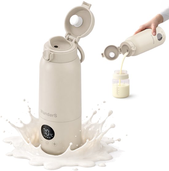 Draagbare Flessenwarmer Onderweg van WanderS – 500ML Draadloze Thermosfles met Temperatuurregeling, Ingebouwde Sterilisatiefunctie, 316L RVS, USB-C Opladen, Waterbestendig & Veiligheidsvergrendeling van Merkloos