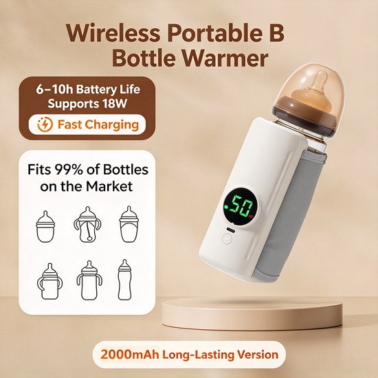 Draagbare flessenwarmer - Onmisbaar voor op reis - Snel opwarmen - Opladen via USB - Temperatuurweergave - 2000 mAh - 18 W - Verwarmt moedermelk en flesvoeding gelijkmatig - Compatibel met vrijwel alle merken flessen - Draadloze verwarming