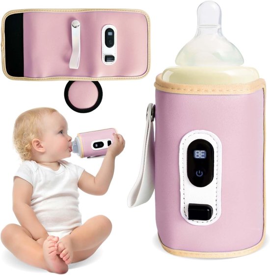 Draagbare Flessenwarmer voor Baby met LCD Scherm, Ideaal voor Warmhouden van Voeding, 5 Instelbare Temperatuurstanden (38-55°C) en Handige Tas voor Buitenactiviteiten (Roze)