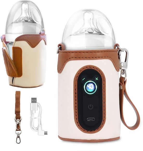 Draagbare flessenwarmer voor babyflesjes, temperatuurregelaar met 26 standen, flessenwarmer voor op reis, autoflessenwarmer met USB-aansluiting voor alle babyflesjes.