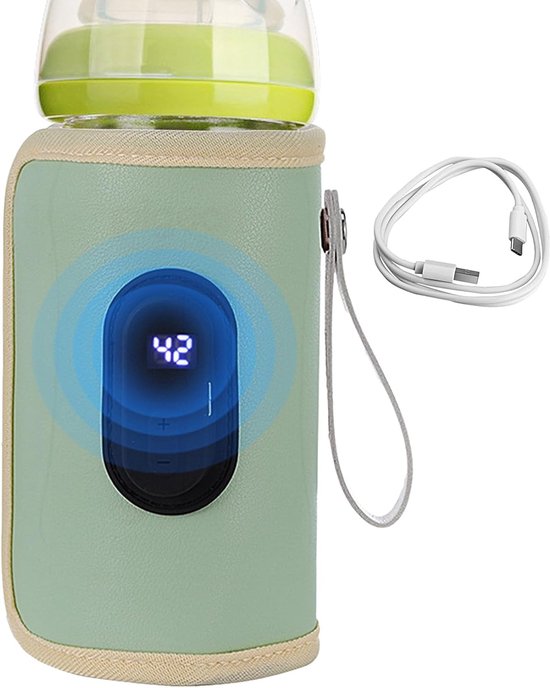 Draagbare flessenwarmer voor in de auto - Draagbare flessenwarmer voor op reis - USB-flessenwarmer - Met lcd-display - Verwarmingsfunctie en nauwkeurige temperatuurregeling - Lichtgewicht en draagbaar - Met handvat - Groen