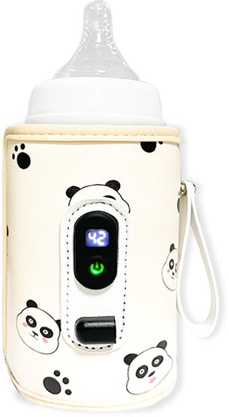 Draagbare flessenwarmer, voorzien van 21-traps digitale temperatuurregeling, led-display, USB-voeding, compatibel met alle babyflessen en een veilige PU-lederen behuizing.