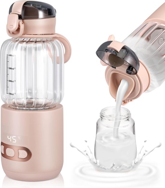 Draagbare fleswarmer, 400ml draagbare autowaterwarmer, babyvoedselwarmer met temperatuurcontrole voor buitenreizen, instelbare temperatuur van 37°C tot 55°C (roze)