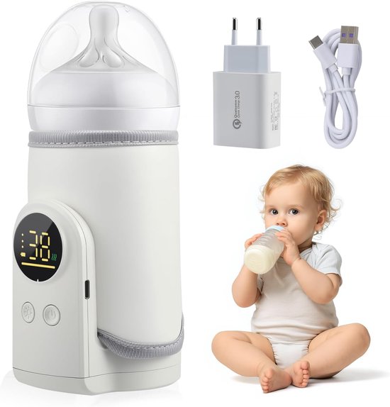 Draagbare fleswarmer voor baby, draadloze USB fleswarmer met LED-display en nachtlamp, snelle verwarming, 8000 mAh, elektrische fleswarmer voor water, moedermelk of zuivelmelk van Merkloos