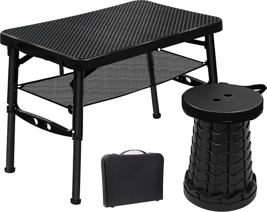 Draagbare opvouwbare tafel - met opvouwbare kruk - in hoogte verstelbare kleine tafel en telescopische kruk - campingtafel, inklapbare tuintafel - voor reizen, picknicken, vissen, wandelen, binnen - zwart van Forgo