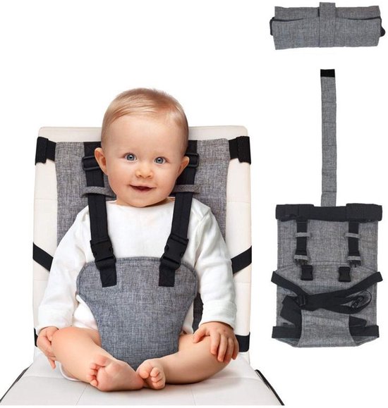 Draagbare Reiskinderstoel – Compact Opvouwbaar – Veiligheidstuigje – Machinewasbaar – Geschikt Voor Stoelen 35 Tot 53 Cm – Geschikt voor baby's van 6 maanden tot 3 jaar – Grijs