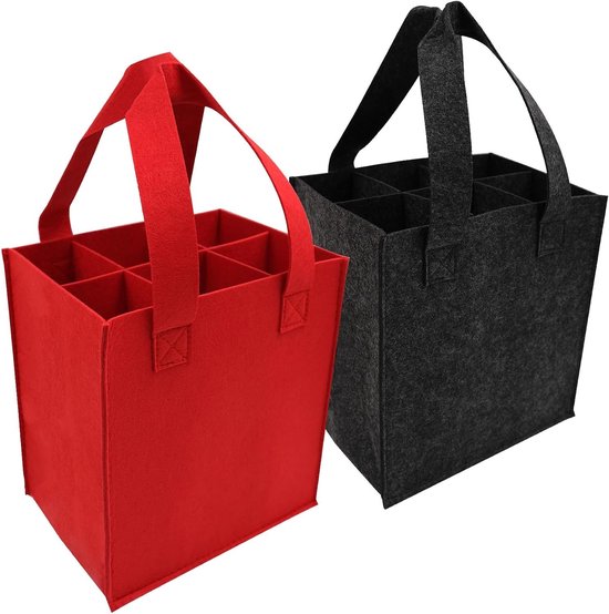 Draagbare wijnfles tas voor 6 flessen, herbruikbaar en opvouwbaar met 2 handvatten, grijs en rood, ideaal voor picknicks en feesten, 24 x 24 x 16 cm