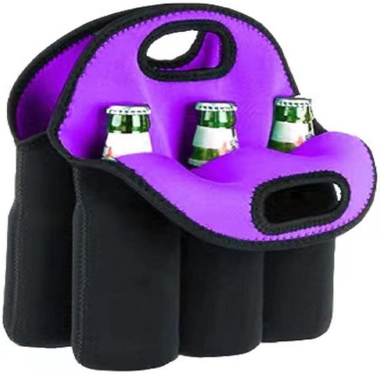 Draagtas voor 6 Flessen - Isolerende Neopreen Carrier voor Bier, Babyflessen en Dranken, Lila, Handige Tote Bag