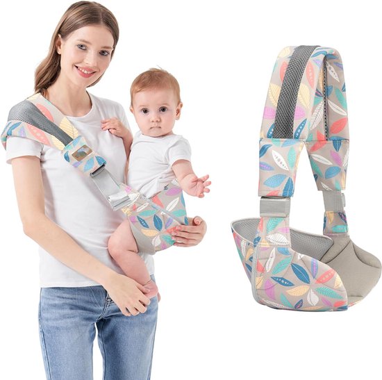 Draagzak - Ergonomische draagzak - Voordrager - Verstelbare draagzak met één schouder voor baby's - Heupdraagzak van mesh - Draagbare draagzak - Past op buik, heupen en rug - Bladpatroon van LittleThere