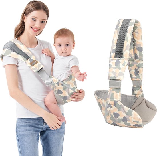 Draagzak - Ergonomische draagzak - Voordrager - Verstelbare draagzak met één schouder voor baby's - Heupdraagzak van mesh - Draagbare draagzak - Past op buik, heupen en rug - Camouflagepatroon van MoovWay