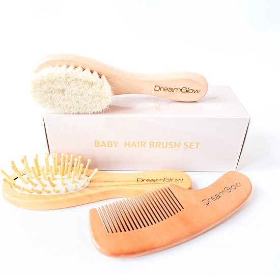 DreamGlow Baby Cadeauset – Houten Babyborstel met Geitenhaar – Giftset van Merkloos