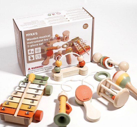 Dreumes & Peuter Muziekinstrumentenset - VANAF 3 JAAR - Zevendelig Montessori Houten Speelgoed - Muziekspeelgoed - Cadeau - Myka’s van Merkloos